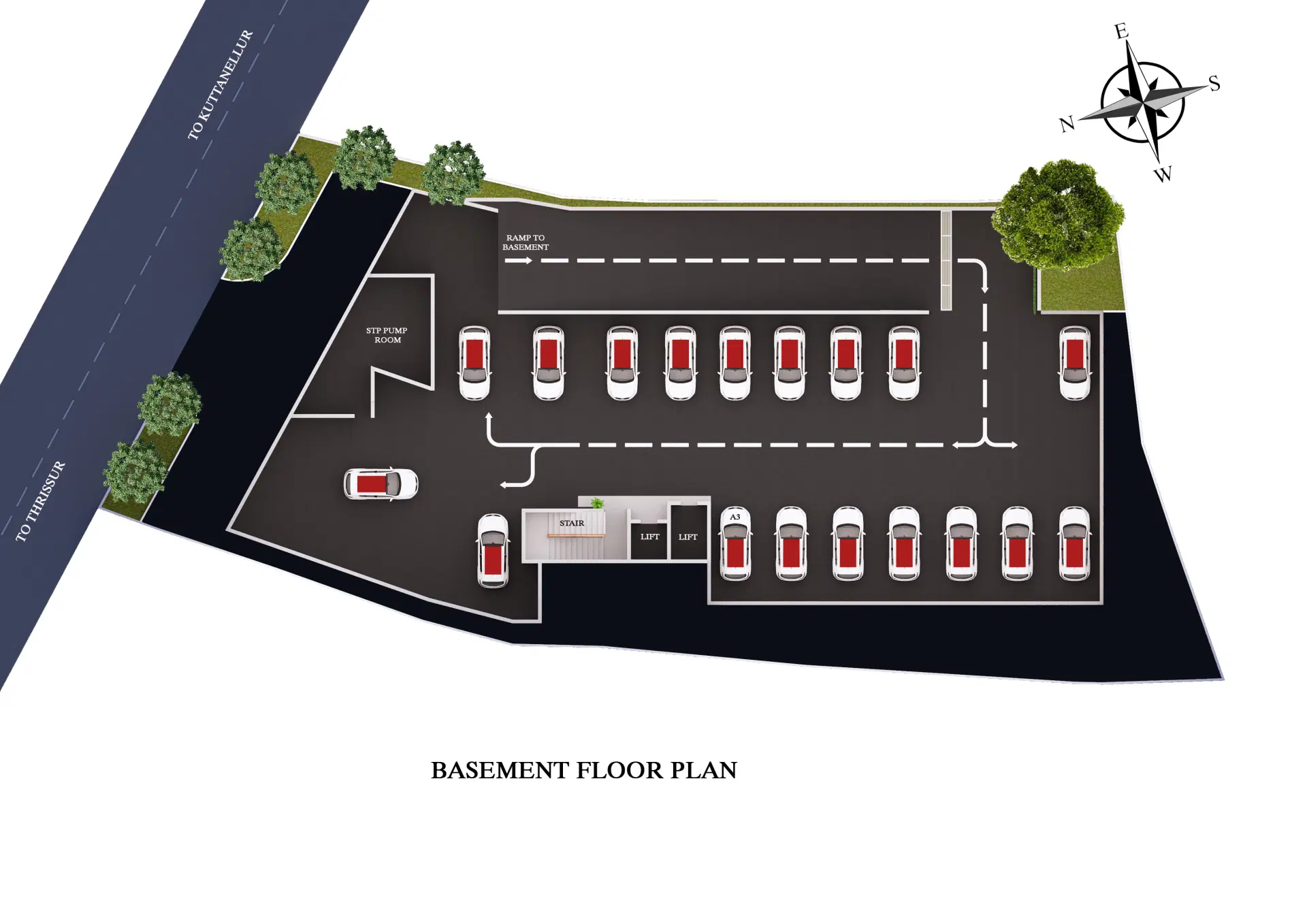 Basement Parking at New 3 BHK Flats in Thrissur and Kuttanellur - Elixir Anfield Elixir Anfield basement floor plate plan layout – parking and utilities – apartment in Thrissur
