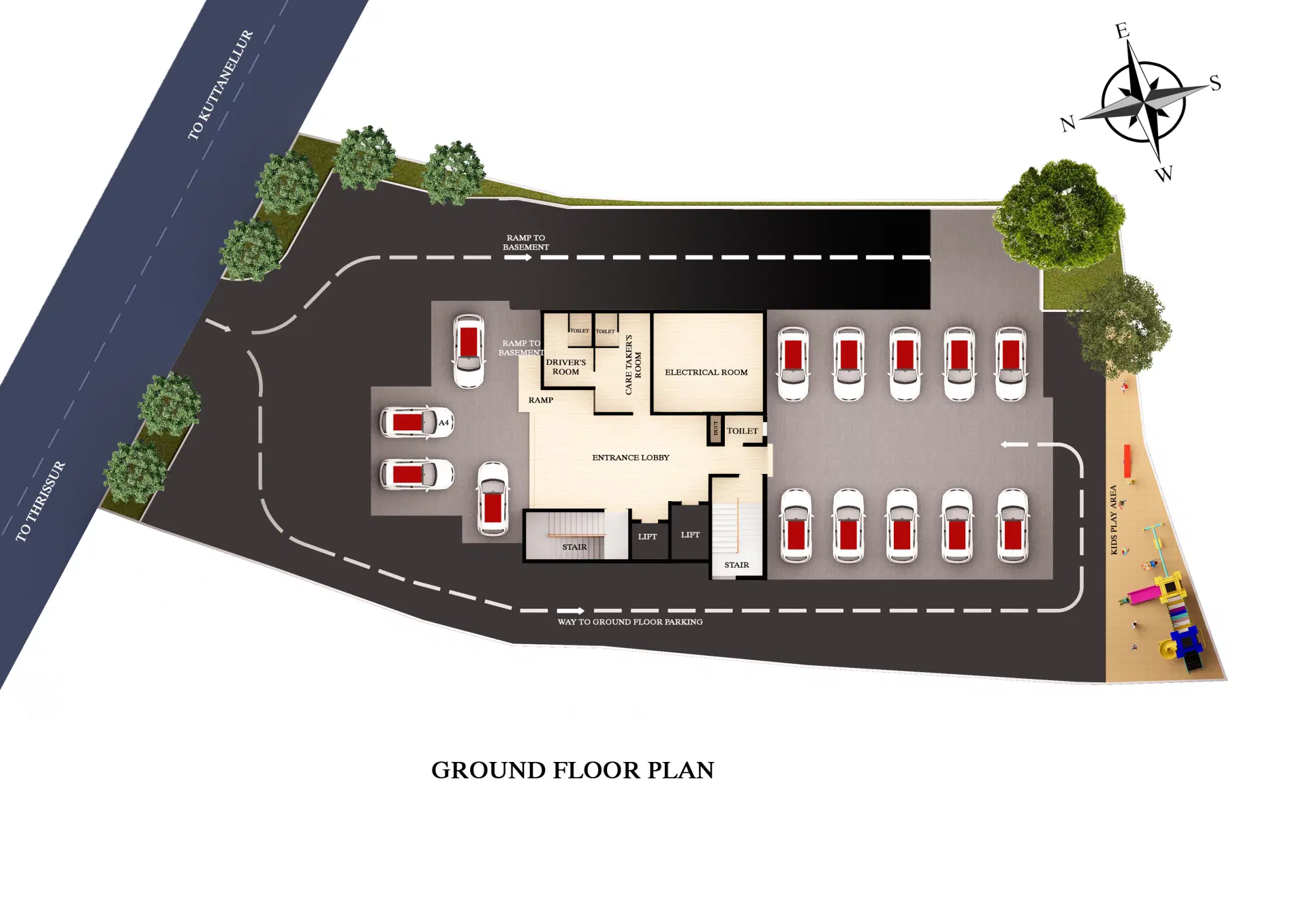 Ground Floor Plan - New 3 BHK Flats in Thrissur and Kuttanellur at Elixir Anfield Elixir Anfield ground floor plate plan layout – lobby and amenities – apartment in Thrissur
