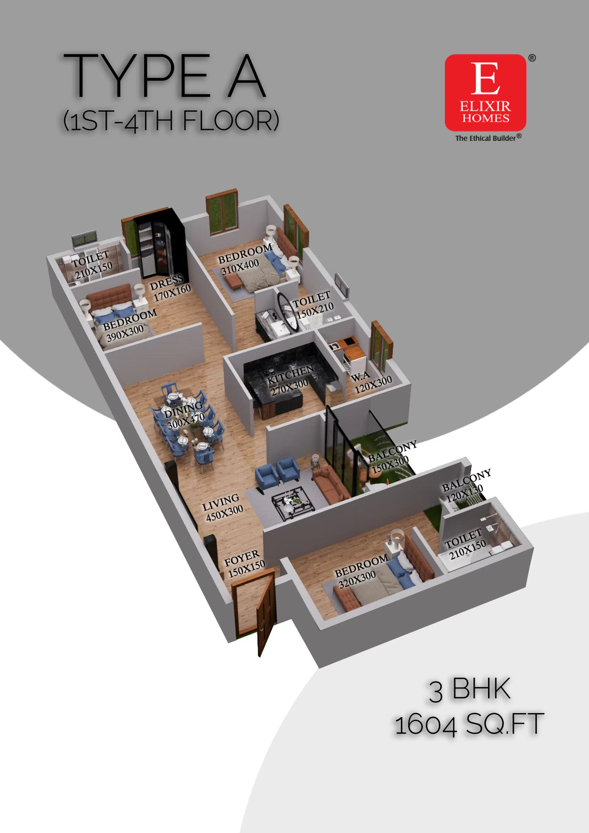Type A 3 BHK Floor Plan - New Flats in Thrissur and Kuttanellur at Elixir Anfield Elixir Anfield 3 BHK Type A floor plan layout – 1604 sq.ft apartment in Thrissur