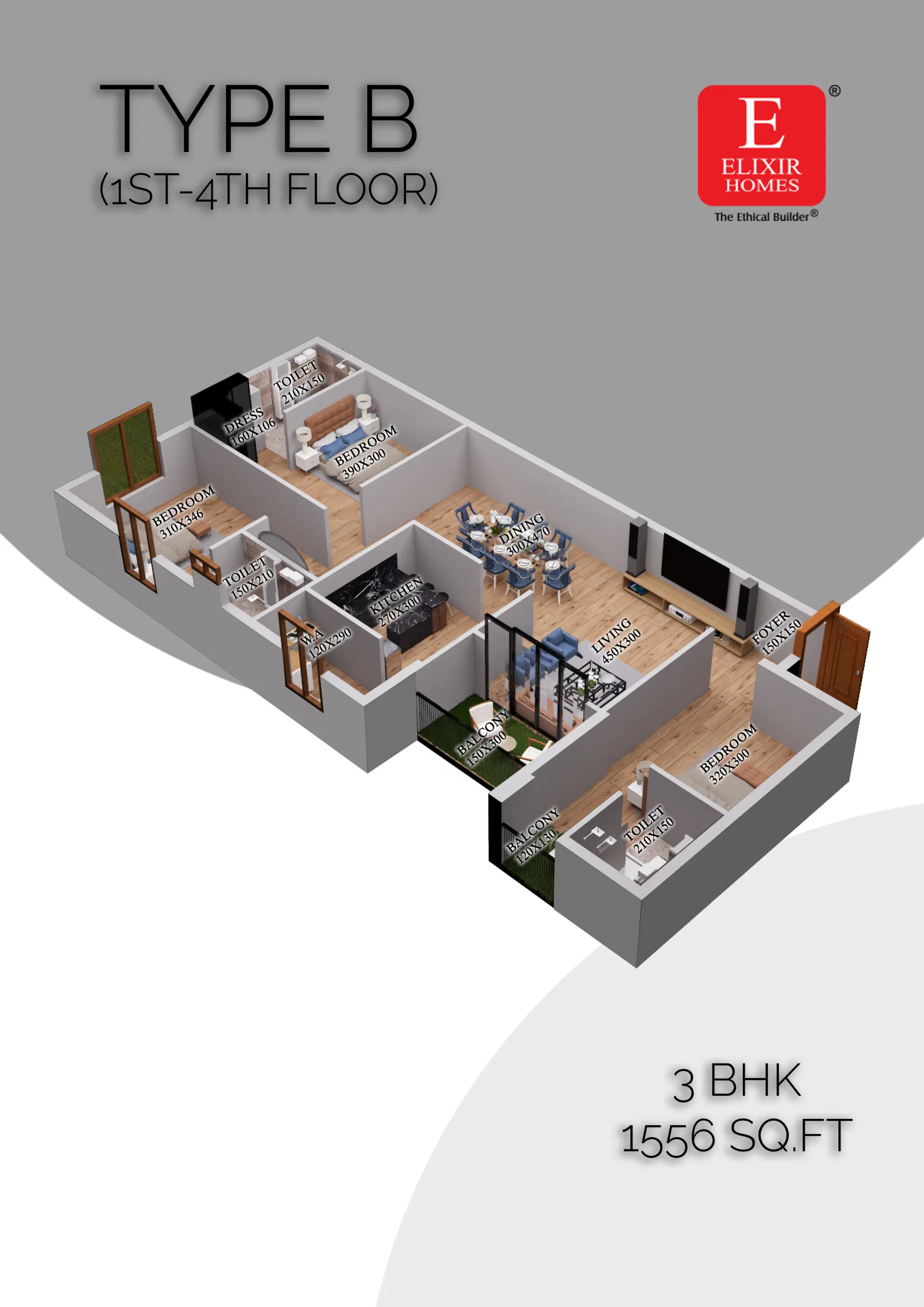 Type B 3 BHK Floor Plan - New Flats in Thrissur and Kuttanellur at Elixir Anfield Elixir Anfield 3 BHK Type B floor plan layout – 1556 sq.ft apartment in Thrissur