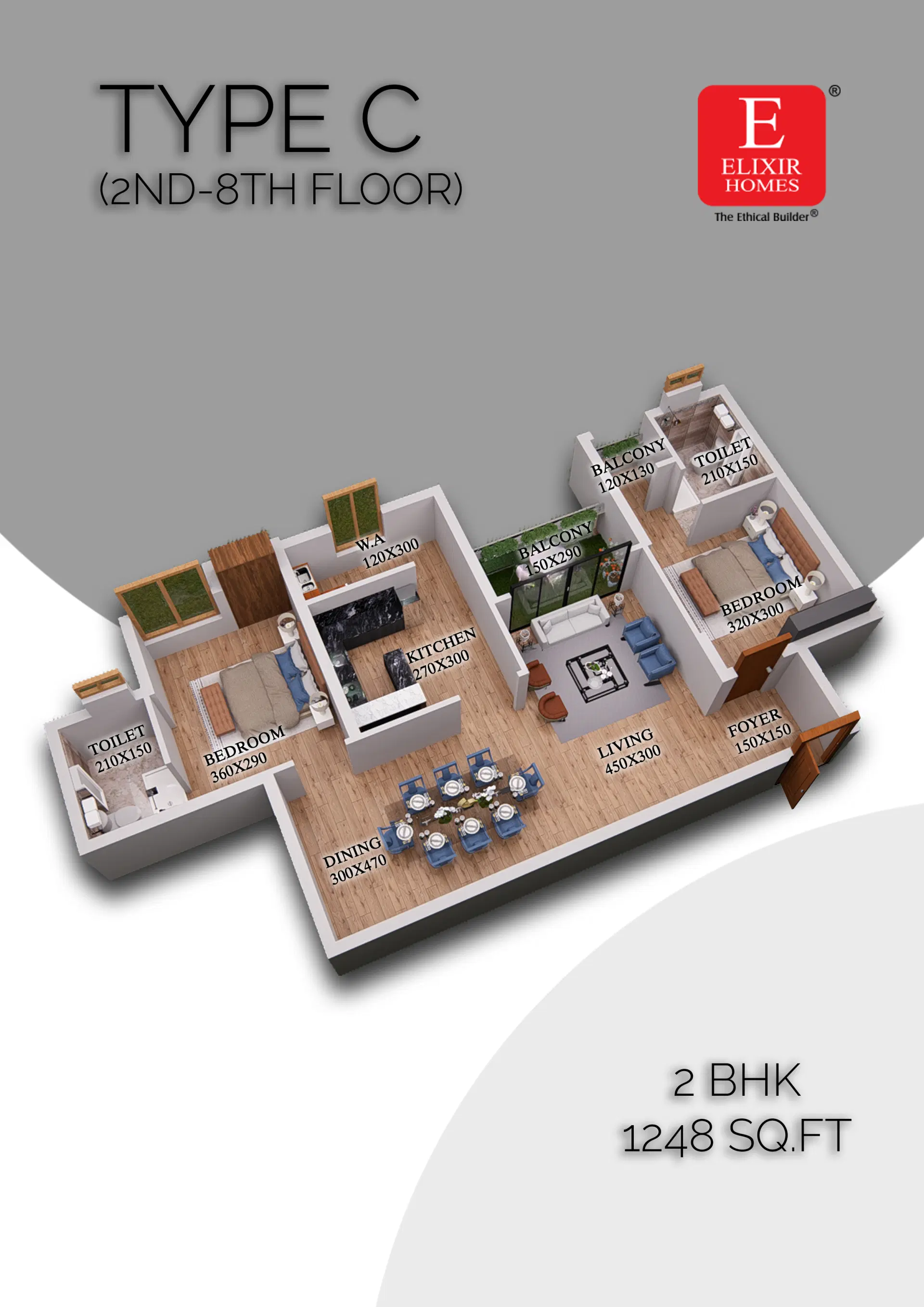 Type C Floor Plan - Flats in Thrissur and Kuttanellur at Elixir Anfield Elixir Anfield 2 BHK Type C floor plan – 1248 sq.ft apartment in Thrissur