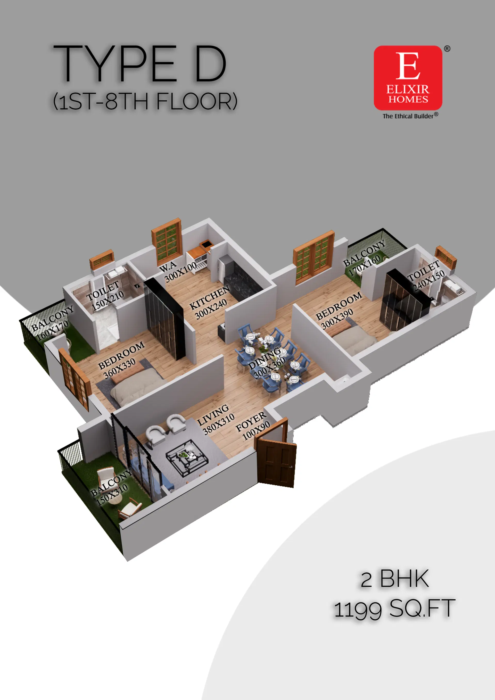 Type D 2 BHK Floor Plan - New Flats in Thrissur and Kuttanellur at Elixir Anfield Elixir Anfield 2 BHK Type D floor plan layout – 1199 sq.ft apartment in Thrissur