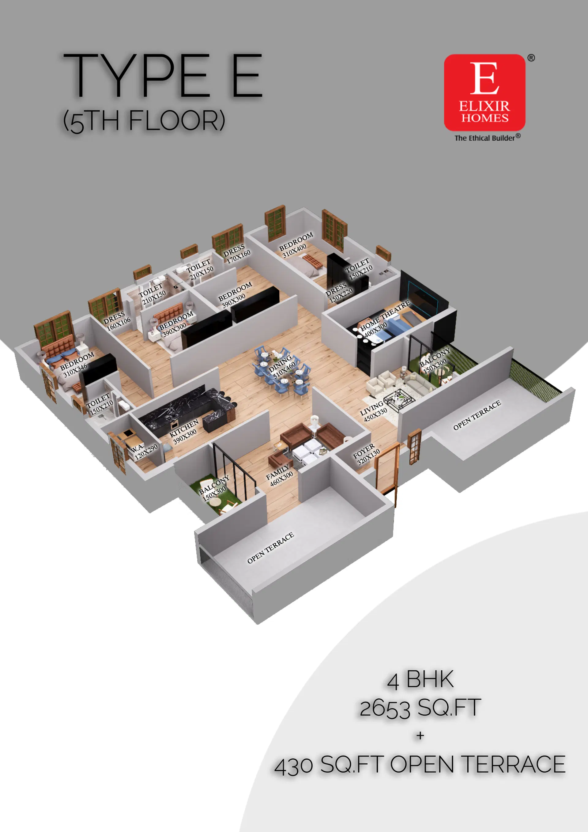 Type E Floor Plan - New Flats in Thrissur and Kuttanellur at Elixir Anfield Elixir Anfield 4 BHK Type E floor plan layout – 2653 sq.ft + 430 sq.ft apartment with open terrace in Thrissur