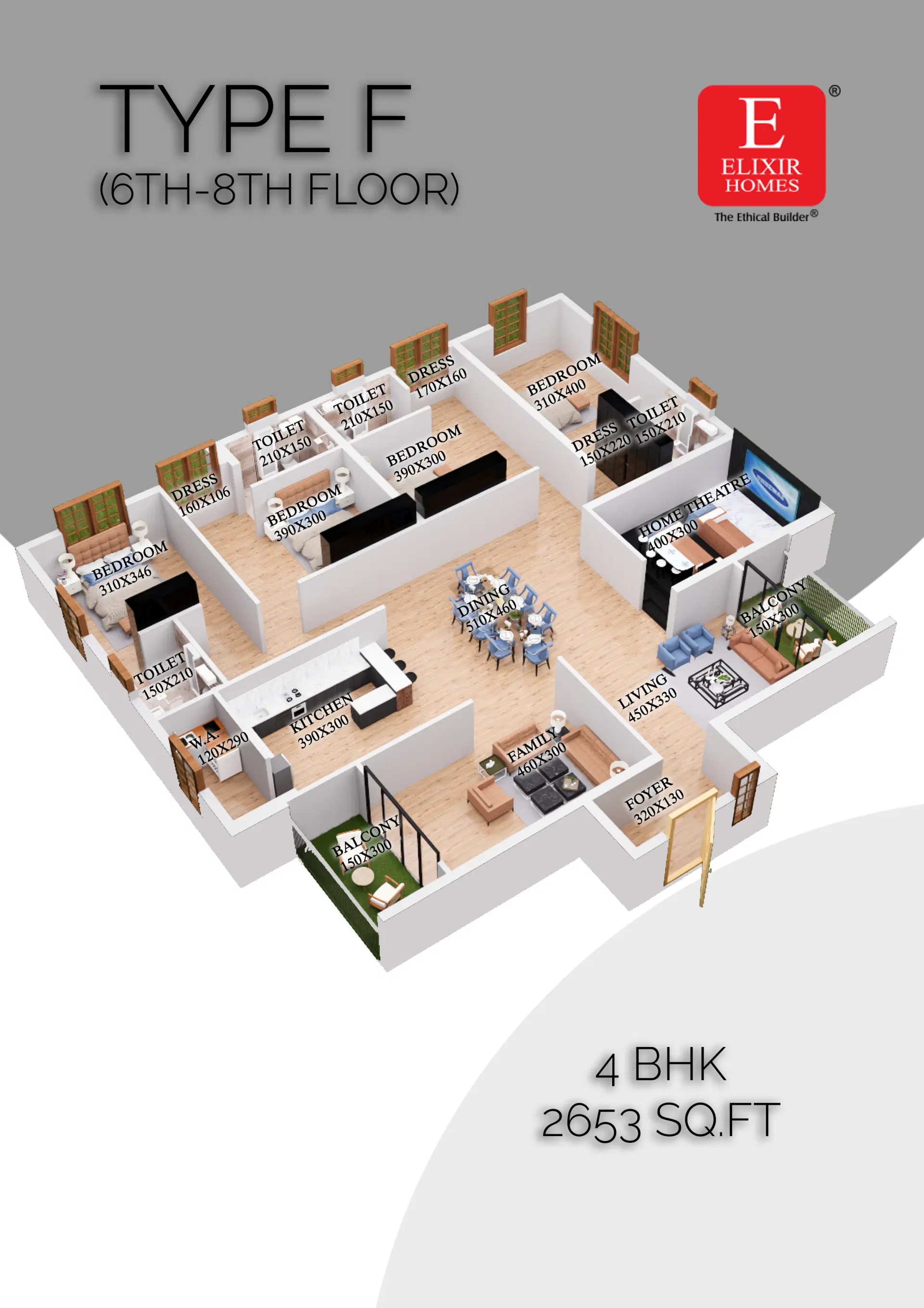 Type F Floor Plan - New Flats in Thrissur and Kuttanellur at Elixir Anfield Elixir Anfield 4 BHK Type F floor plan layout – 2653 sq.ft apartment in Thrissur