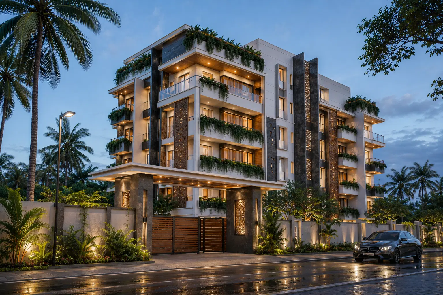 Premium apartment exterior with landscaped roundabout in Thrissur
