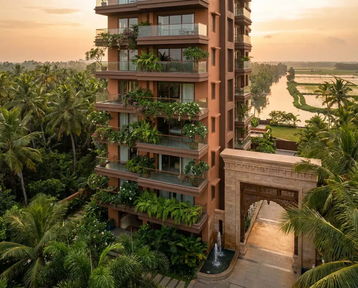Apartment interior with living area and balcony in Thrissur